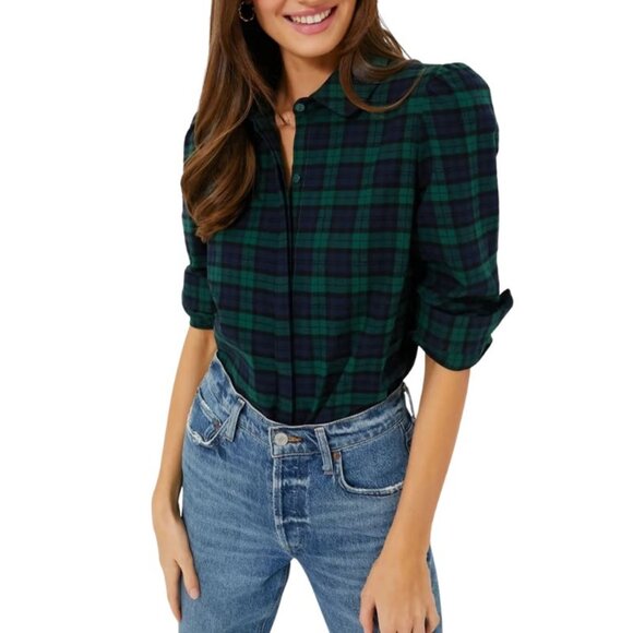 Tuckernuck Tops - Tuckernuck Saranac Blue Green Tartan Plaid Puff Shoulder Button Up Shirt Size L